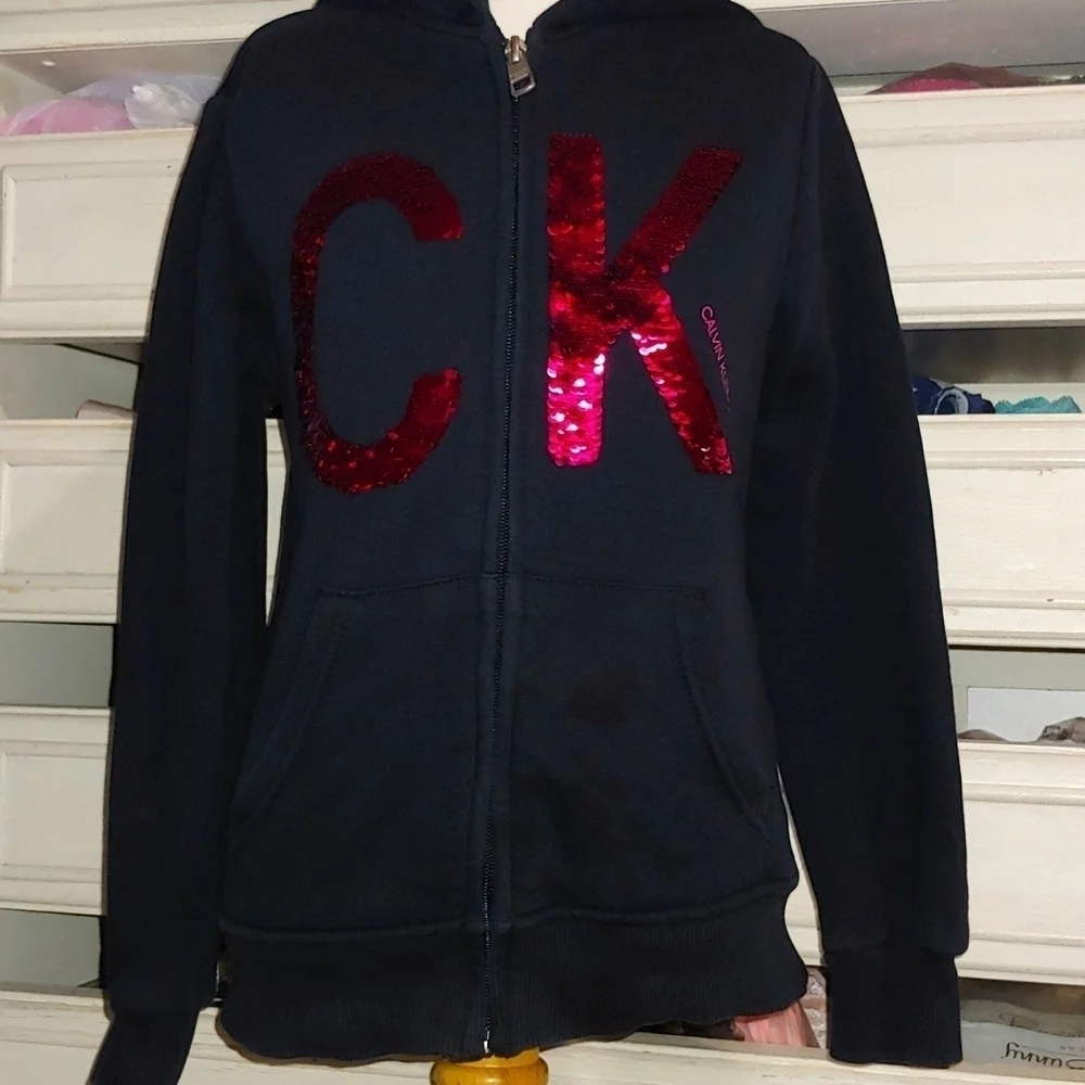 Calvin Klein Kids Girls Light Zip Up Hoodie Jacket W/ Sequin Detail Size 8-10